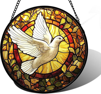 DASTOLL Stained Glass Window Hanging, Flying White Dove Sun Catchers Diamond Glass Panel Hangings Cute Birds Suncatcher Decor for Birthday for Women, Men, Wife, Aunt, and Mom 6.3 in