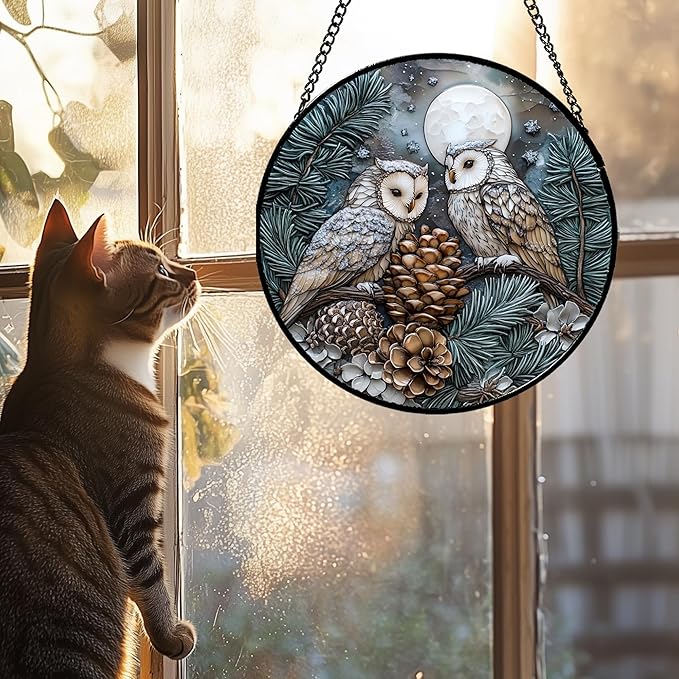 Stained Glass Window Hanging - Owl On A Tree Suncatcher for Doors Garden Patio Winter Scene Sun Catchers Decor Christmas Mother's Day Birthday Gifts for Women Men Mom Nana Friend 6.3 in