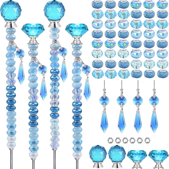 121 Pcs DIY Fairy Wand Beaded Garden Stakes Kit, Fairy Wands Garden Kit Blue Large Hole Bead with Sparkling Pendants Crystal Stopper Top Threaded Rod Beaded Garden Stakes Supplies Outdoor Decorative
