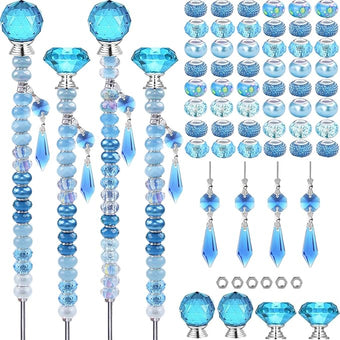 121 Pcs DIY Fairy Wand Beaded Garden Stakes Kit, Fairy Wands Garden Kit Blue Large Hole Bead with Sparkling Pendants Crystal Stopper Top Threaded Rod Beaded Garden Stakes Supplies Outdoor Decorative