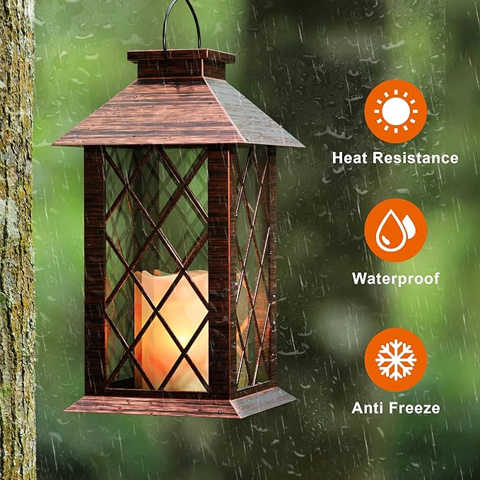 Solar Lanterns Outdoor, Waterproof Garden Hanging Lanterns, 13" Outdoor Decorative Lantern with LED Flickering Flameless Candles, Vintage Lantern for Porch, Yard,Patio Decor, 1 Pack