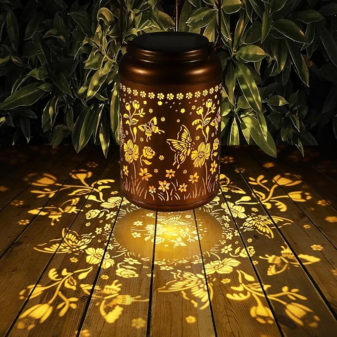 2 Pack Solar Lanterns Outdoor Waterproof, Butterflies Garden Decor Gifts for Women Mom Grandma Hanging Solar Lights Metal Decoration Outside for Yard, Patio