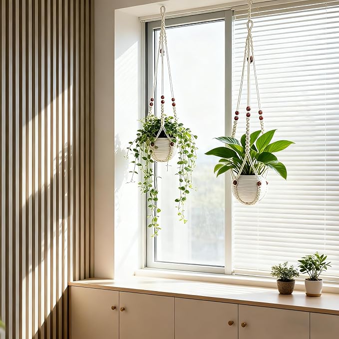 HOREAKHJ 35 Inch Macrame Plant Hanger, Large for up to 15 Inch Pot Extra Long Hanging Planter Holder Basket with Wood Beads for Indoor Outdoor Home Decor (Ivory, 2-Pack)