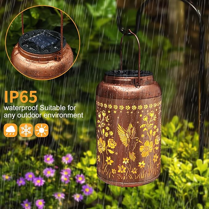 2 Pack Solar Lanterns Outdoor Waterproof, Hummingbird Garden Decor Gifts for Women Mom Grandma Hanging Solar Lights Metal Solar Decoration Outside for Yard, Patio, Lawn, Pathway