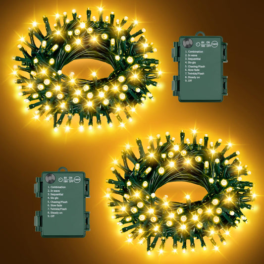 FFZZKJ Christmas Lights Outdoor Battery Operated String Lights Total 100LED 33Ft with Timer 8 Modes 16.4Ft*2 Waterproof Outdoor Indoor for Christmas Decor, Warm White, 2-Pack