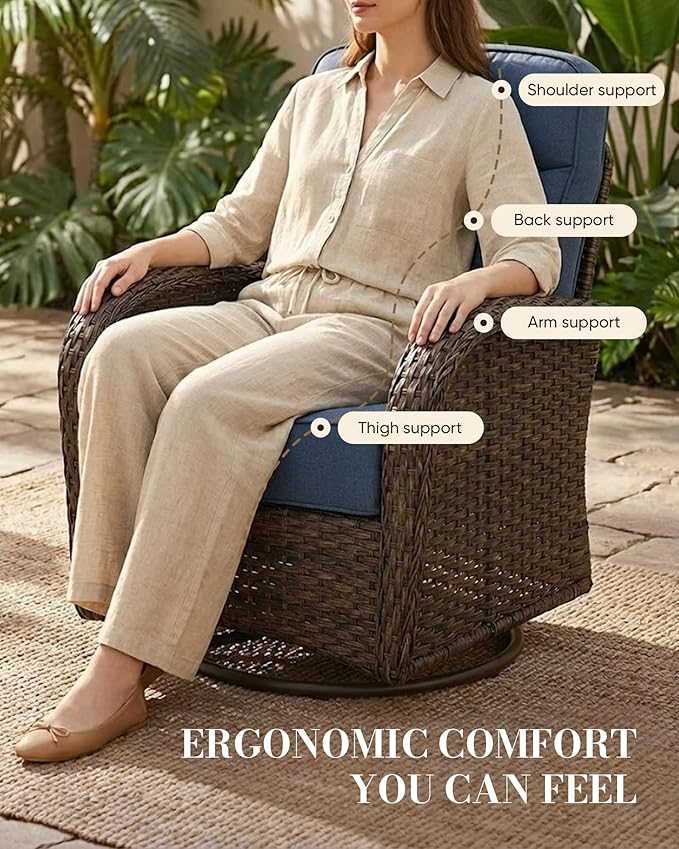 Belord Upgraded 6“ Cushion Luxury 3 Pieces Patio Furniture Set - All Weather Wicker Outdoor Swivel Rocker Patio Chairs of 2 with Side Table, High Back Glider Chairs Set for Deck Porch - Brown/Blue
