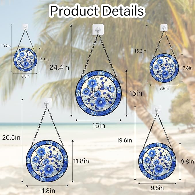 AMDERVEN Stained Glass Window Hanging, Blue and White Plum Blossom Sun Catcher for Door Home Decor Flowers Suncatcher Christmas Mother's Day Birthday Gifts for Women Men Mom and Nana 15 in