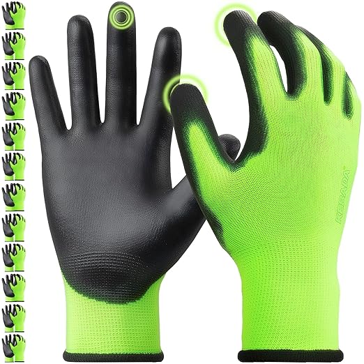 Kebada W1 Work Gloves for Men and Women, PU Coated Safety Gloves with Grip, Touchscreen, Ideal for Warehouse Package Handling, Construction, Gardening, Green X-Small