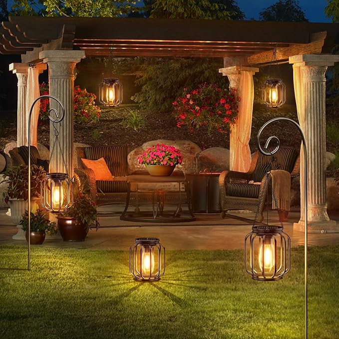 Solar Hanging Lanterns Outdoor Waterproof: 4 Pack Metal Solar-Powered Lights with Hook, Bright Warm Lantern Decor for Outside, Classic Outdoor Lighting for Yard Garden Patio Porch Balcony Decorations