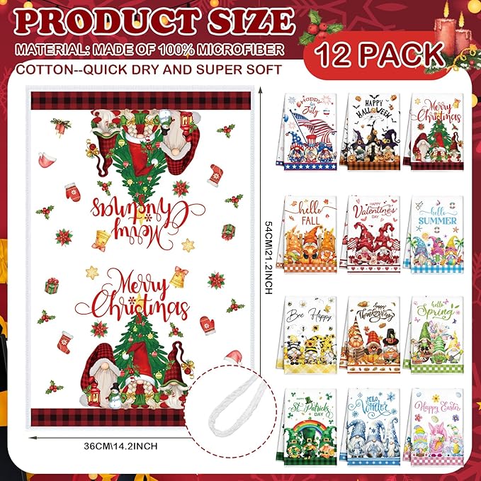 FuWeave 12 Pcs Seasonal Kitchen Towels Set for All Holidays Hand Dish Tea Towels Gift Bulk Valentine's Day Absorbent Dishcloths Housewarming Gift for Cooking Kitchen Bathroom(Gnome Style,Bright Color)