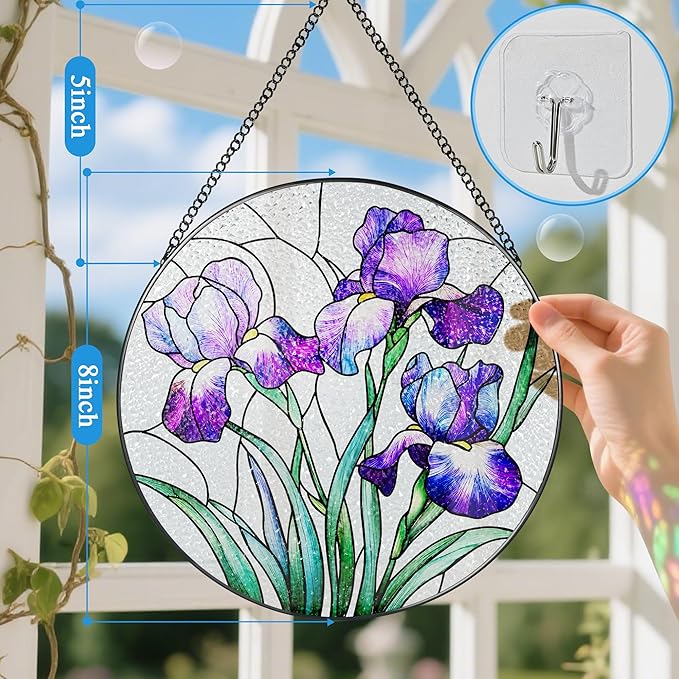 Stained Glass Window Hanging, 8 Inch Purple Irises Stained Glass Suncatcher, Flower Sun Catchers Indoor Window, Iris Flowers Gift, Flower Lovers Gifts, Housewarming Gift, Gifts for Her or Women