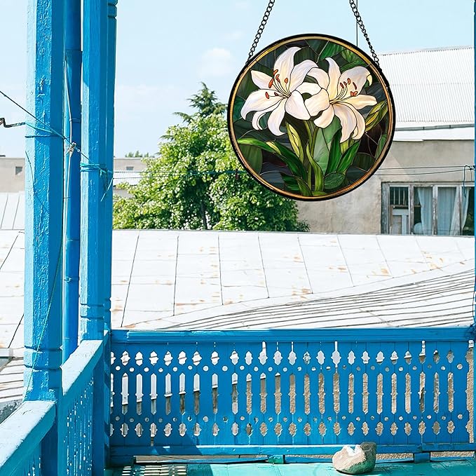 Stained Glass Window Hanging, White Lily Suncatcher for Door Garden Patio Birth Flower Green Plant Sun Catchers Decor Christmas Mother's Day Birthday Gifts for Women Mom Nana Friend 6.3 in