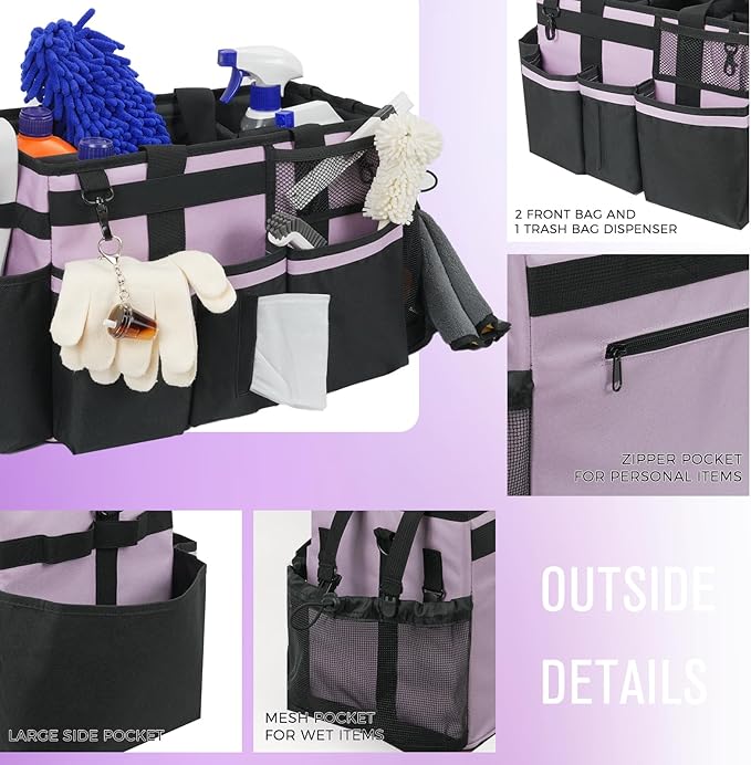 Wearable Cleaning Caddy, Cleaning Caddy Supplies Organizer with Handle & Shoulder Straps for Housekeepers, Under Sink & Car Cleaning Tool Organizers Bag with 4 Foldable Divider (Lilac)