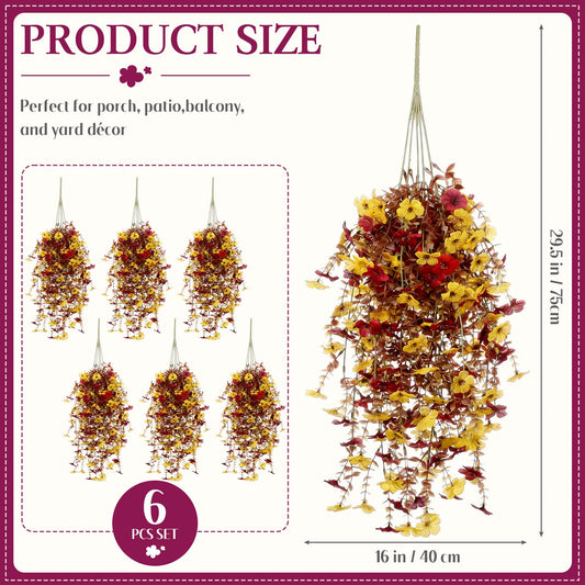 FineCheer 6 Pcs Fall Artificial Hanging Flowers Outdoor, Maroon, Yellow