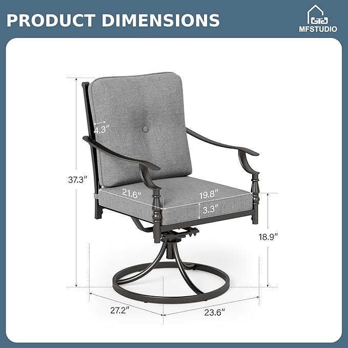 MFSTUDIO Patio Dining Chairs Set of 4, Outdoor Swivel Chairs with Cushions for Lawn Deck Backyard Garden, Metal Frame