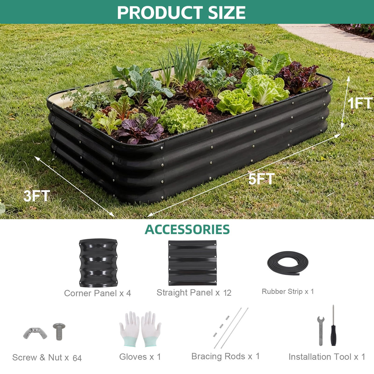 BIRDSINYARD 4 in 1 Galvanized Raised Garden Bed, 5x3x1ft, Grey