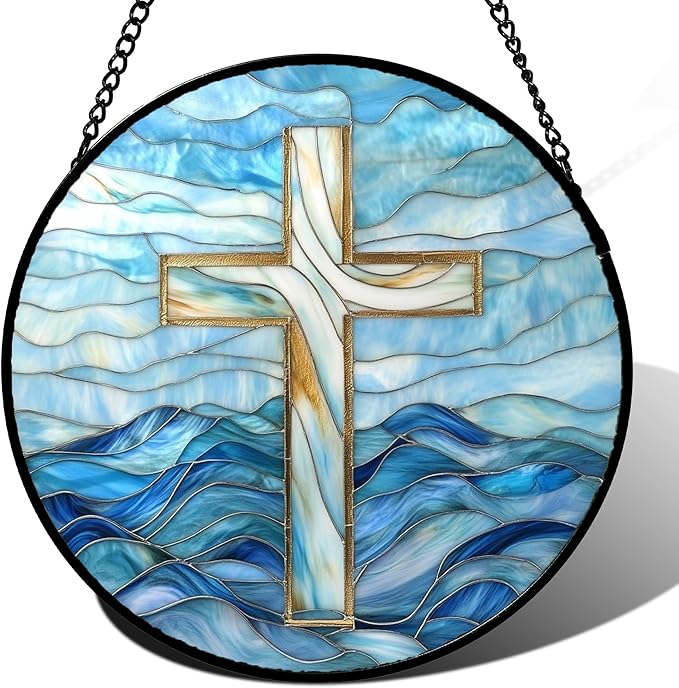 JOSUMALY Christian Gifts for Women - Blue Cross Stained Glass Window Hanging Jesus Easter Ocean Waves Sun Catcher Garden Religion Decor Mother's Day Catholic Gift for Men Grandma Mom Her Nana 7.8"
