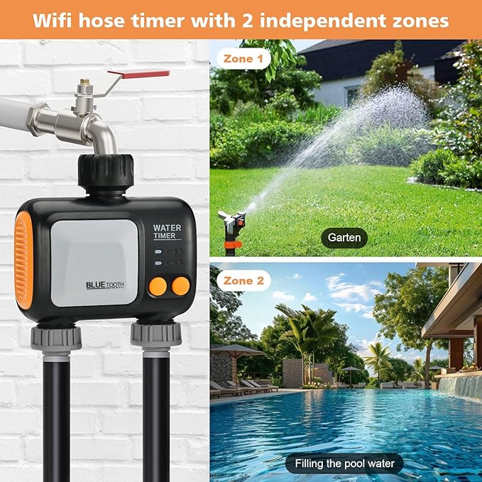 Smart WiFi Water Timer for Garden Hose - 2 Zone Sprinkler Timer with WiFi Hub - Hose Timers for Watering with Rain Delay - Irrigation Sprinkler Controller for Garden Lawns - Works with Alexa