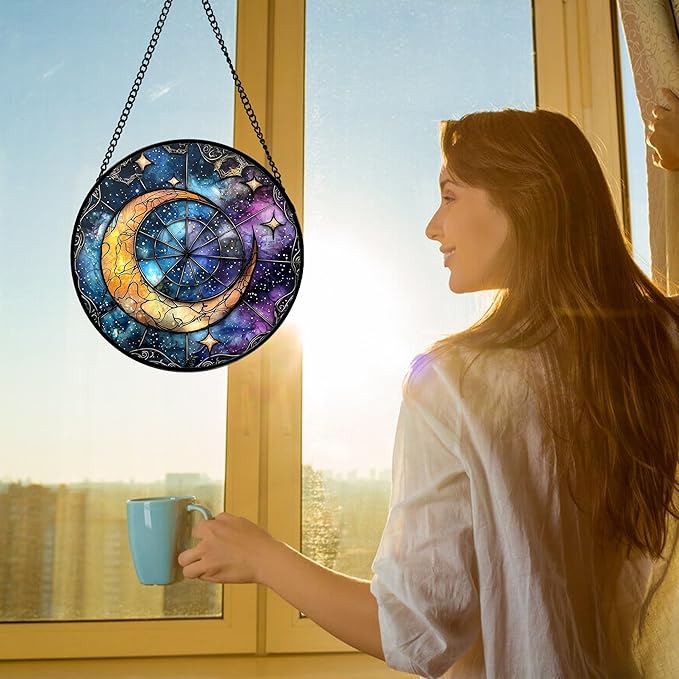 DASTOLL Stained Glass Window Hanging, Blue Starry Sky Moon Astrolabe Suncatcher for Doors Home Sun Catchers Decoration and Christmas, Mother's Day Birthday Gifts for Women, Men, and Mom 7.8 in