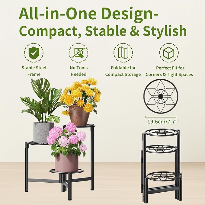 NQW Tiered Plant Stand Outdoor 3 Tier Indoor Metal Flower Shelf for Multiple Plants Corner Tall Flower Holders for Patio Garden Living Room Balcony Bedroom Black Diamond