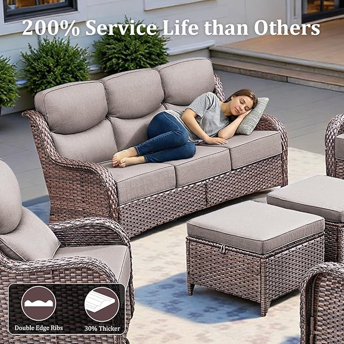 Luxury High Back Patio Furniture Set with 6-Inch Thick Cushions, 5-Pieces Outdoor Furniture with Swivel Chairs, Wicker Conversation Set for Porch, Balcony, Deck and Yard, Brown/Grey