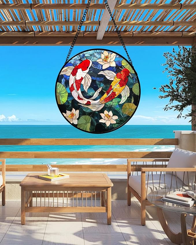 AMDERVEN Stained Glass Window Hanging, Koi and Lotus Sun Catcher for Door Home Decor Fish Suncatcher Christmas Mother's Day Birthday Gifts for Women Men Mom and Nana 7.8 in