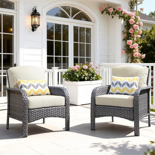ORMONO 2 Pieces Patio Furniture Set, Two Single Chair Outdoor Furniture, All-Weather Rattan Wicker High Back Conversation Set of 2 for Small Space Porch, Backyard, Balcony,Beige