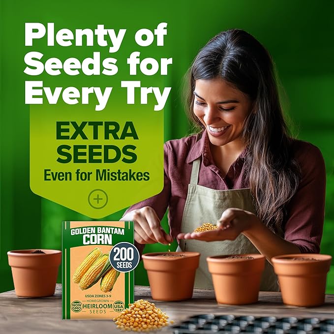 HOME GROWN Golden Bantam Corn 2 Pack – 200 Heirloom Vegetable Seeds – Grow Sweet Corn Outdoors – Easy for Beginners & Great for Home Gardeners –High Germination (Zea mays)