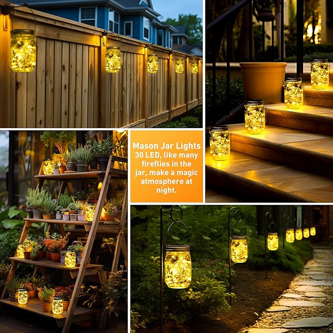 GIGALUMI Hanging Mason Jar Solar Lights, 6 Pack 30 Led Tinplate Lids Hanging Solar Lanterns Outdoor Waterproof, Hangers and Jars Included, Outdoor Decor for Balcony, Garden, Patio, Yard, Wedding