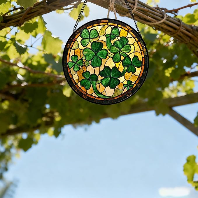 QZQCBLC Stained Glass Window Hanging Green Retro Lucky Clover 7.8" - Suncatcher Door Garden Sun Catcher Ireland Decor Birthday Mother's St. Ripack's Day Gift for Woman Mom Men Friend Nana Wife
