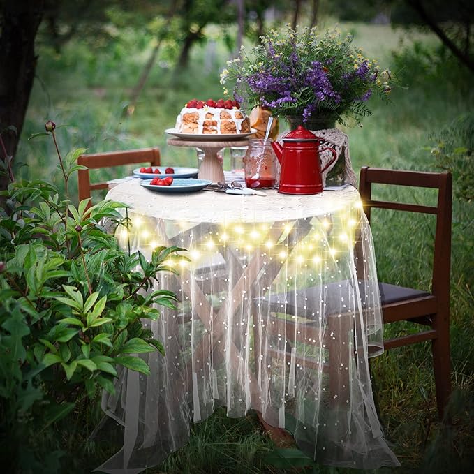 Kinlop Plug in Type 10 ft 64x120 Inch White Pearl Tulle Table Runner with LED Lights for Valentine's Wedding White Chiffon Birthday Table Skirt Tablecloth Decor Outside Baby Shower Ceremony