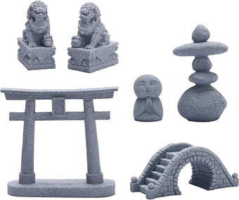 6 PCS Mini Zen Garden Accessories, Miniature Garden Bridge Foo Dogs Torii Gate Sandstone Figurines Meditation Zen Decor Japanese Fish Tank Terrarium Decorations Plant Pots Bonsai Craft Decor (M)