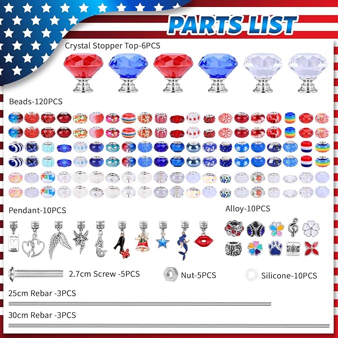 DIY Fairy Wand Garden Beads Stakes Wands Kit,Multiple Color Scheme European Beads Crystal Diamond Tops and 12 or 10 Inch Threaded Rods,Stainless Steel Stakes with Diamond Toppe(Red+White+Blue)