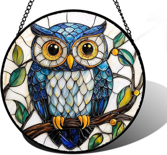 DASTOLL Stained Glass Window Hanging, Owl Gifts for Women Sun Catchers Diamond Glass Panel Hangings Birds Suncatcher Decor for Birthday for Women, Men, Wife, Aunt,and Mom 7.8X7.8IN