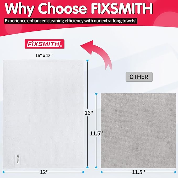 FIXSMITH White Microfiber Cleaning Cloth -Pack of 12, Highly Absorbent Cleaning Rags, 16"X12" All Purpose Cleaning Towels for Housekeeping, Kitchen, Car, Lint Free and Reusable Microfiber Towels