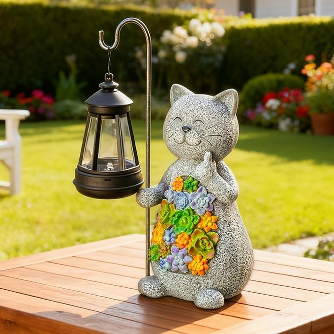 Solar Cat Garden Statue with Succulent Decor Hanging Lantern – Waterproof Resin Outdoor Figurine for Yard, Patio, Balcony – Gift for Cat Lovers, Gardeners