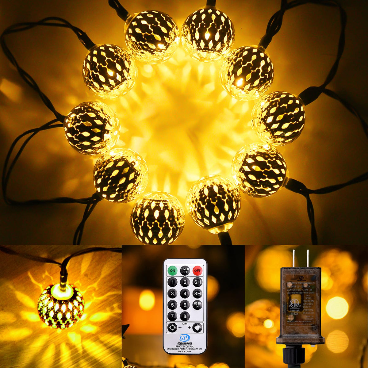 Moroccan String Lights Plug-in 60 LED 29ft Indoor Outdoor Waterproof 8 Modes Diwali Lights with Timer & Remote Control, Decorative Globe for Bedroom Christmas, Warm White