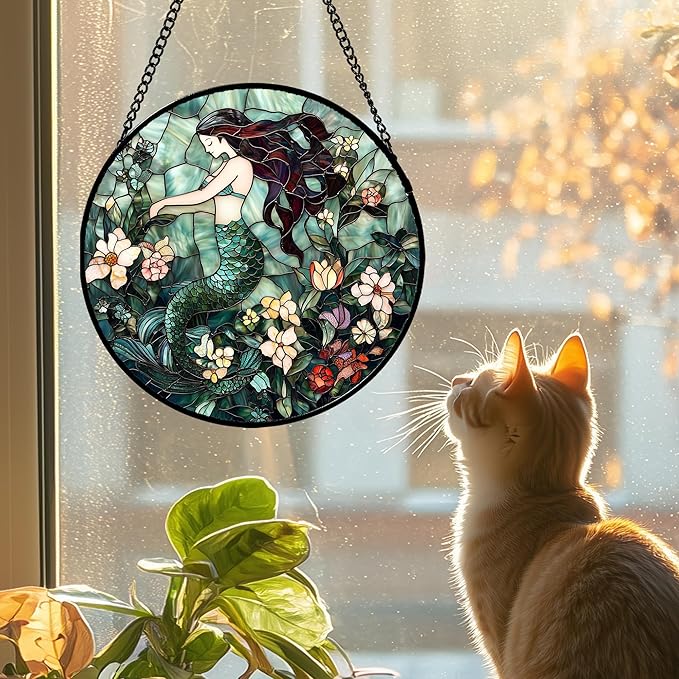 JOSUMALY Stained Glass Window Hanging - Teal Sleeping Mermaid Suncatcher for Door Terrace Garden Home Decor, Sea of Flowers Sun Catcher Birthday Gifts for Lovers Women Men Dad Mom Nana 7.8 in