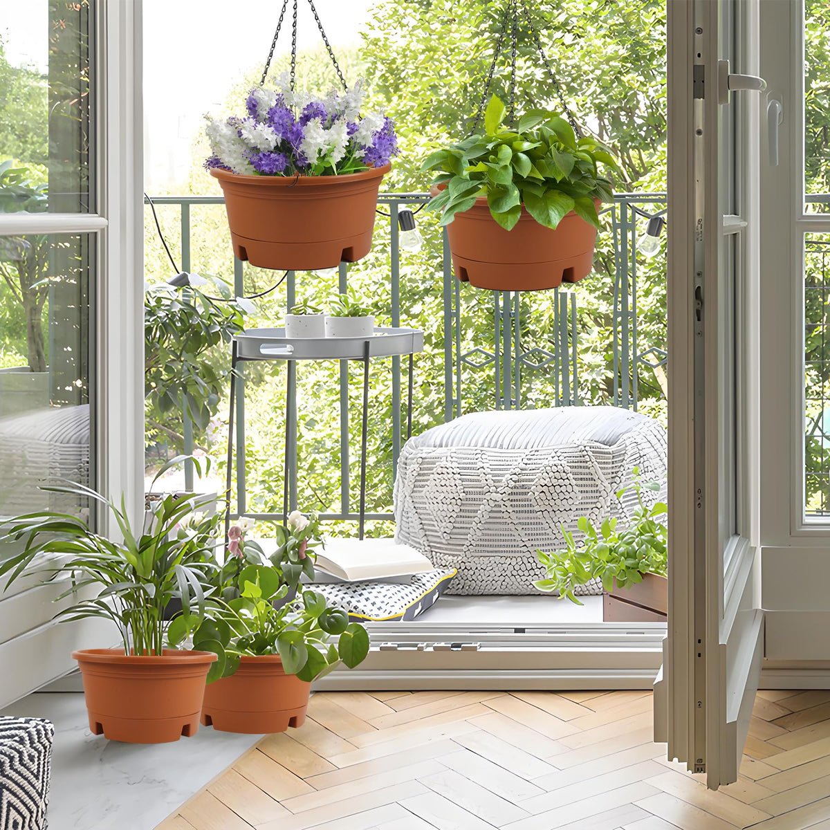 Svxtoby 4 Pack 12 Inch Large Plastic Hanging Planters for Outdoor Plants