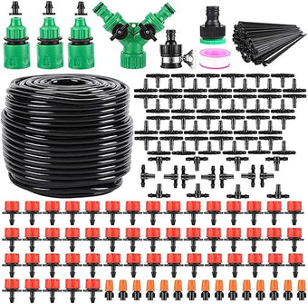 Garden Automatic Irrigation System 164FT 200 Pack Drip Irrigation Kit 1/4" Blank Distribution Tubing Watering Drip Kit Automatic Irrigation Equipment for Garden,Patio,Greenhouse, Flower Bed,Lawn