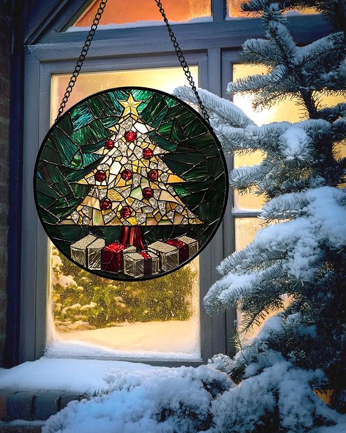HWRHTR Stained Glass Window Hanging -Golden Christmas Tree Suncatcher for Doors Home Christmas Decoration Winter Sun Catcher Thanksgiving New Year Birthday Gifts for Women Men Mom Nana Girl 15 in