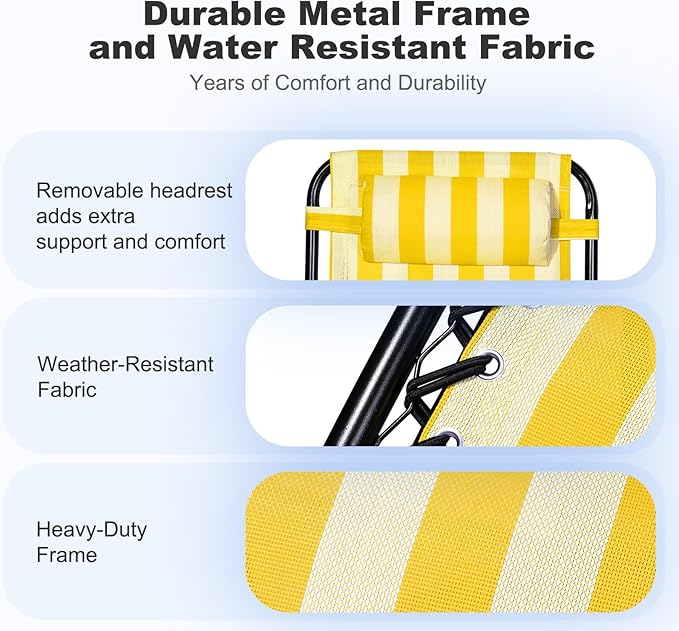 Nazhura Set of 2 Relaxing Recliners Patio Chairs Adjustable Steel Mesh Zero Gravity Lounge Chair Beach Chairs with Pillow and Cup Holder (Yellow Stripe)