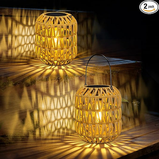 2 Pack Solar Lanterns Outdoor Waterproof,Rattan Solar Lantern for Yard,Outdoor Garden Lights,Hanging Lanterns Decorative Birthday Gifts for Mom Grandma,Outdoor Lanterns for Porch,Patio,Pathway