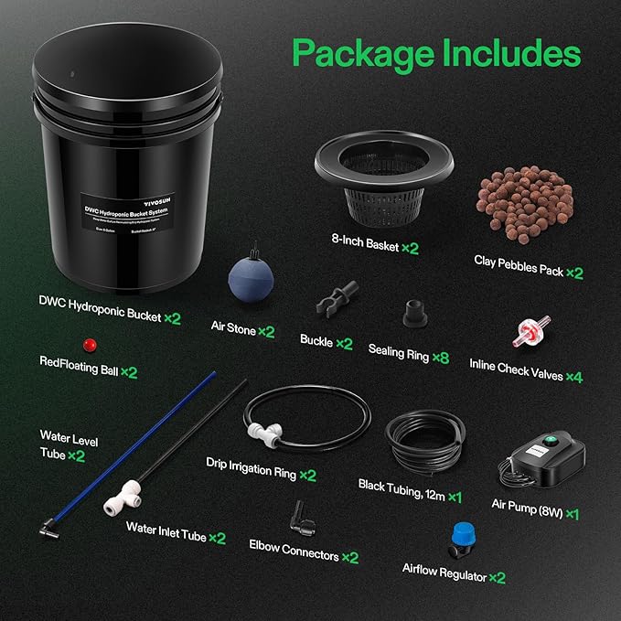 VIVOSUN DWC Hydroponics Grow System with Top Drip Kit, 5-Gallon Deep Water Culture, Recirculating Drip Garden System with Multi-Purpose Air Hose, Air Pump, and Air Stone (2 Buckets + Top Drip Kit)