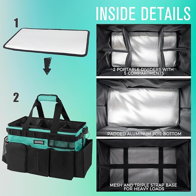 Wearable Cleaning Caddy Bag, Cleaning Caddy Supplies Organizer with Handle & Shoulder Straps for Housekeepers, Under Sink & Car Cleaning Tool Organizers with 4 Foldable Divider (Lake Blue)