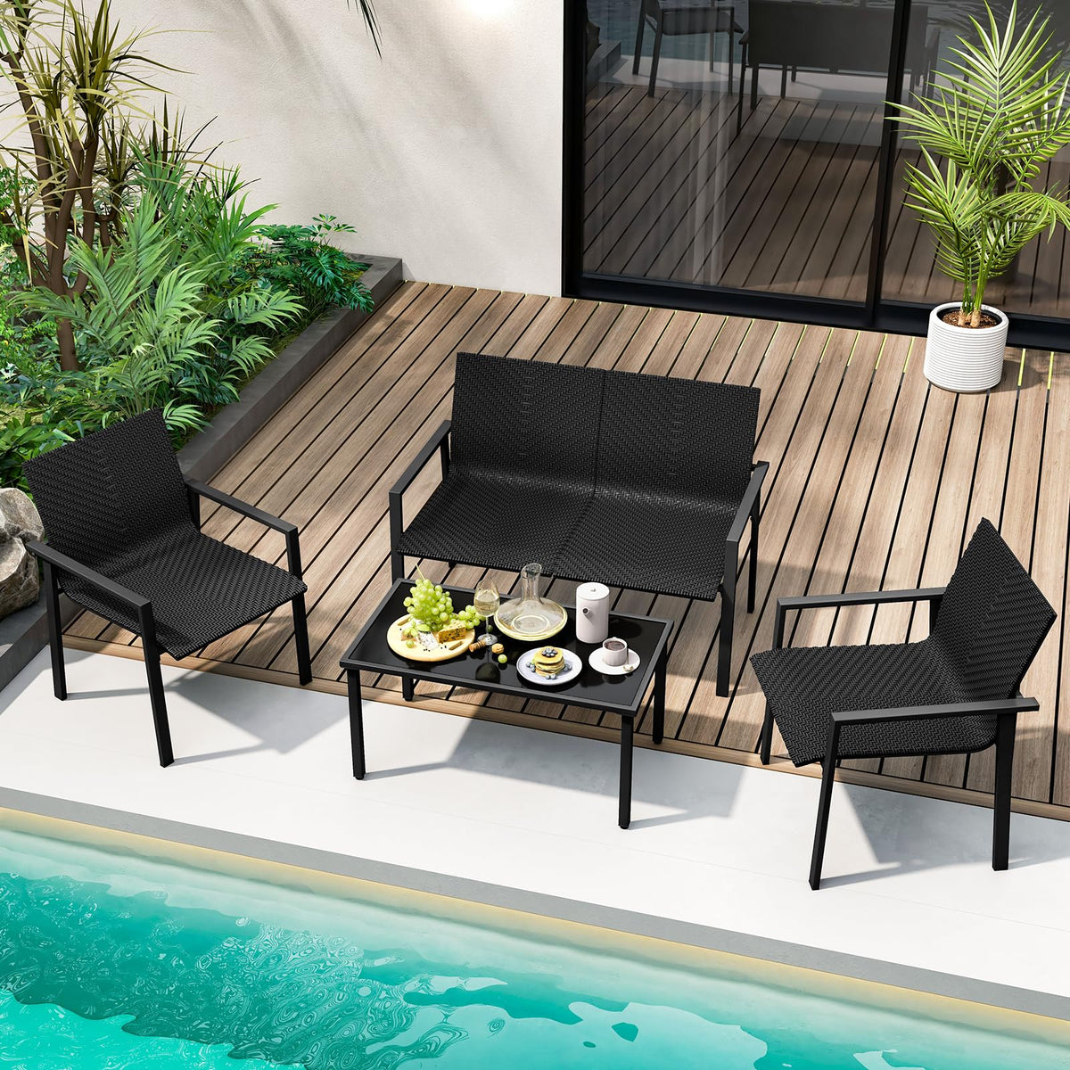 HAPPYGRILL 4 Pieces Wicker Patio Conversation Set with Coffee Table, PE Rattan Chairs with Galvanized Metal Frame, Outdoor Table and Chairs Set for Small Space, Balcony, Poolside, Backyard (Black)