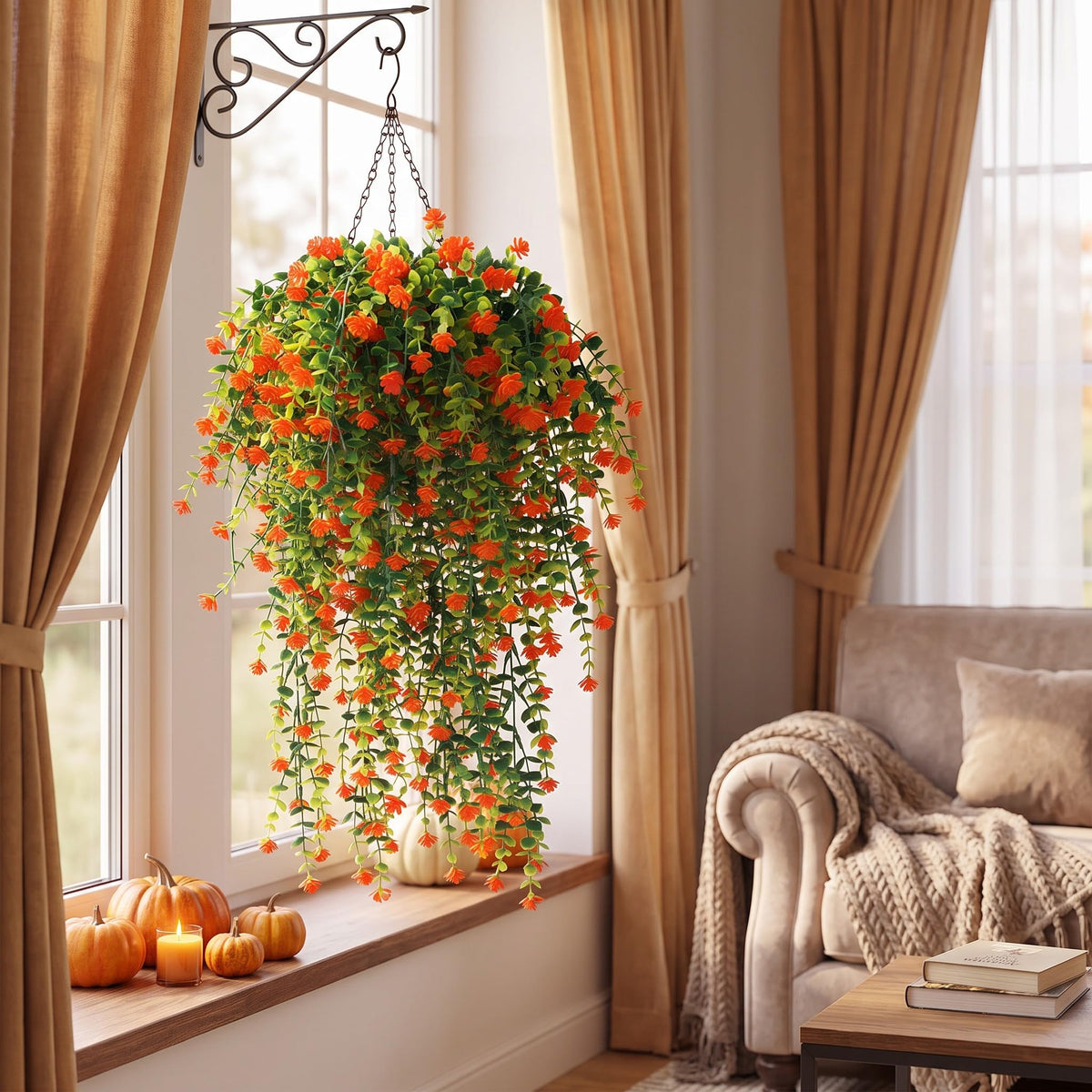 FineCheer 6 Pcs Fall Artificial Hanging Flowers Outdoor, Orange, Plastic