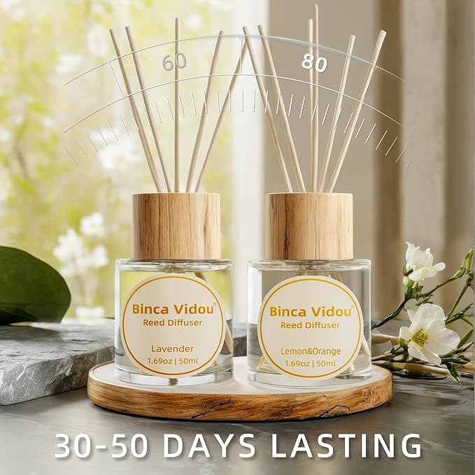 Reed Diffuser Set, Binca Vidou Lavender Orange & Lemon Natural Scent Oil Diffusers with Sticks for Home Office Bathroom Aromatherapy Decor 1.69oz x 2