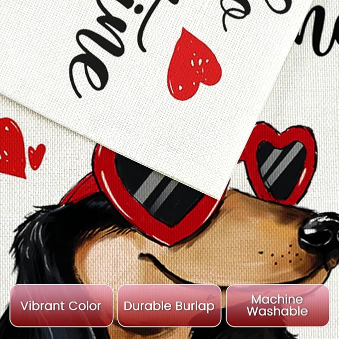 Hello Valentines House Flags for Outdoor Decoration, Dachshund Dog with Love Sunglass Heart Large Yard Flag,Seasonal Decorative Decor for Holiday Anniversary Wedding Outside 28x40 Inch Double Sided