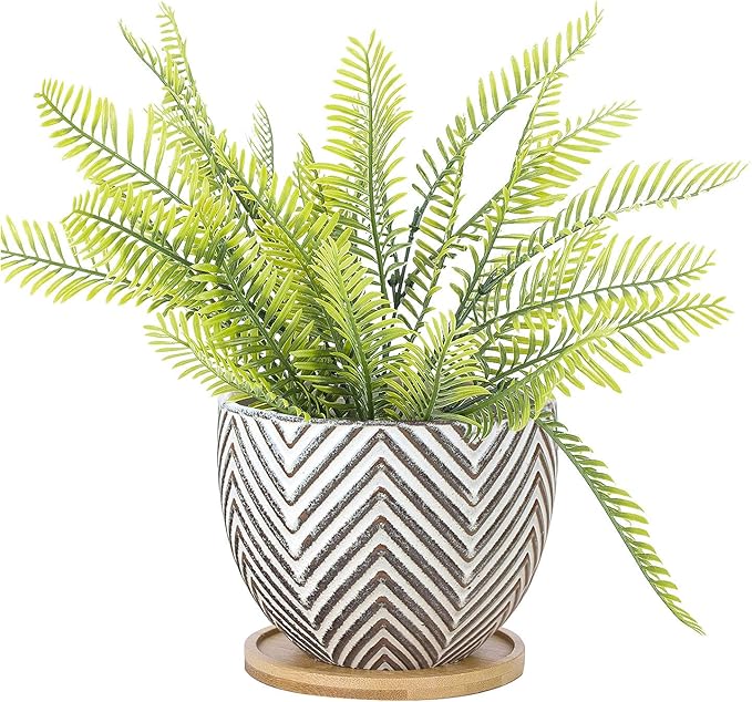 VanEnjoy 5.5 inch Large Round Bohemian Style Ceramic Planter, Geometry Engrave Off White Brown Succulent Planter Flower Pot, Indoor Outdoor Decorative Planter